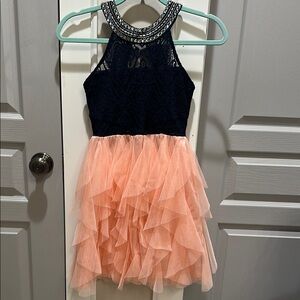 Navy Blue Halter Fit and Flare Dress with Ruffled Skirt